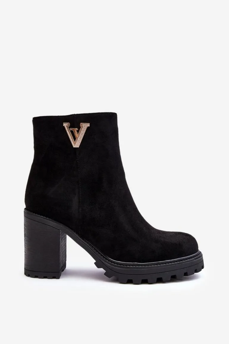 Damskie Zamszowe Botki Na Słupku Z Ozdobą Czarne Strong