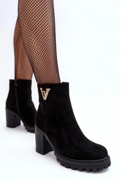 Damskie Zamszowe Botki Na Słupku Z Ozdobą Czarne Strong