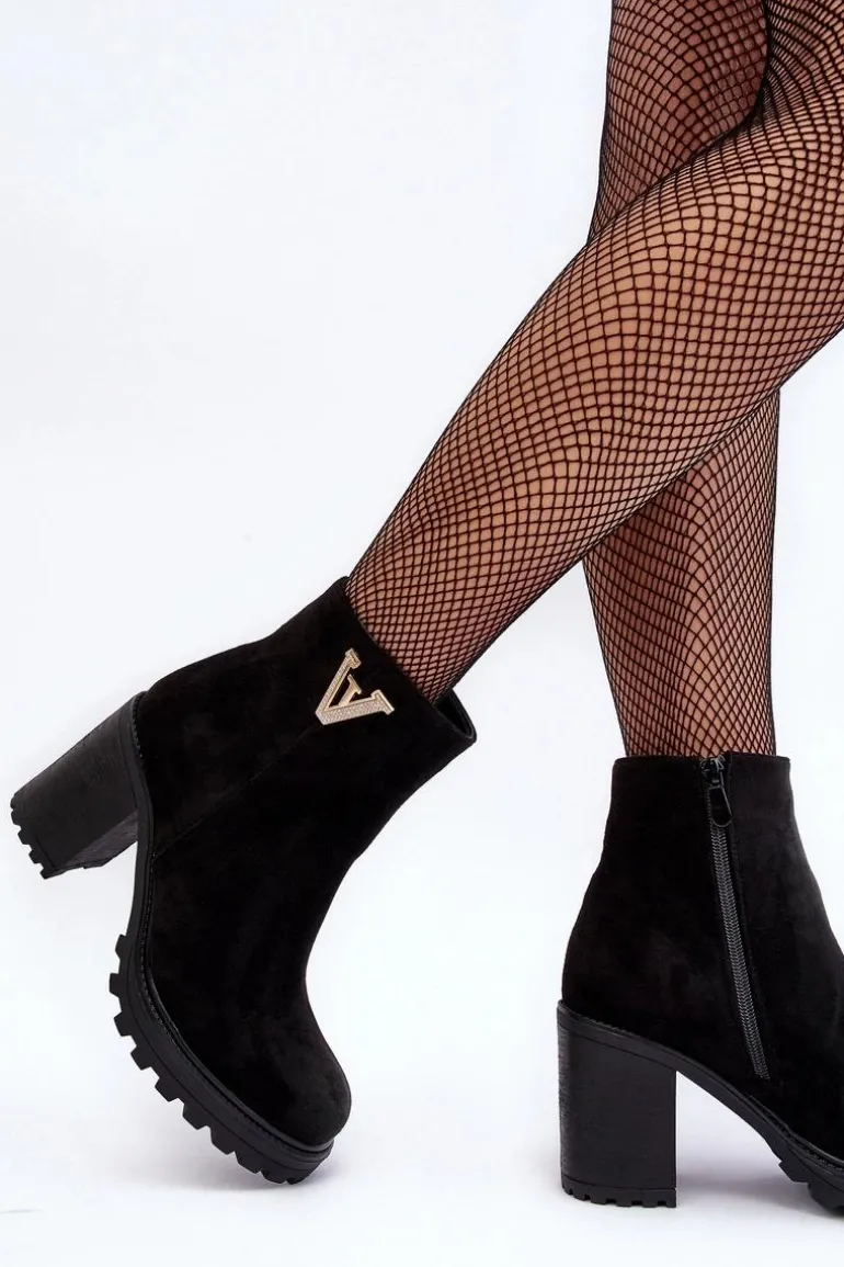 Damskie Zamszowe Botki Na Słupku Z Ozdobą Czarne Strong