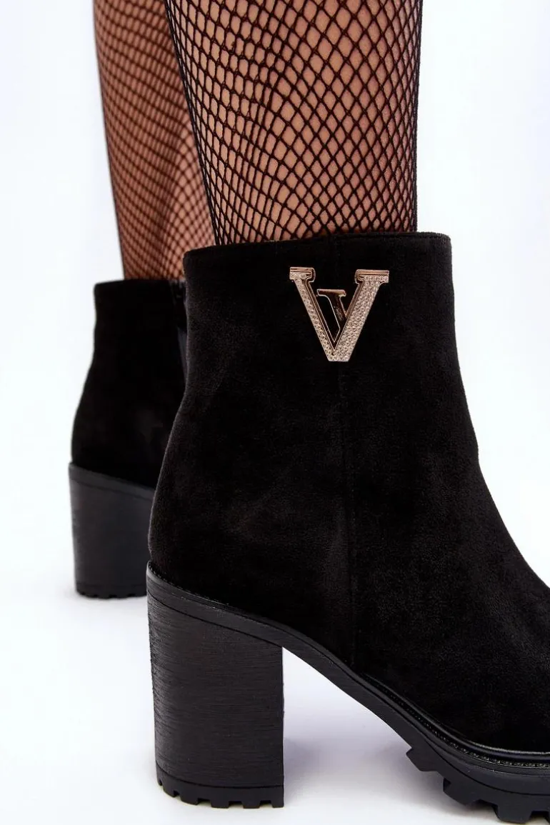 Damskie Zamszowe Botki Na Słupku Z Ozdobą Czarne Strong