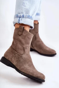 Damskie Zamszowe Botki Na Płaskim Obcasie Ciemnoszary Fiorenz