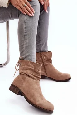 Damskie Zamszowe Botki Na Płaskim Obcasie Beżowe Keresa