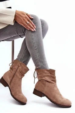 Damskie Zamszowe Botki Na Płaskim Obcasie Beżowe Keresa