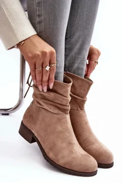 Damskie Zamszowe Botki Na Płaskim Obcasie Beżowe Keresa