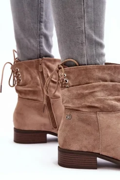 Damskie Zamszowe Botki Na Płaskim Obcasie Beżowe Keresa