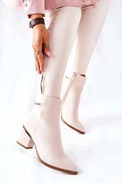 Damskie Zamszowe Botki Na Słupku Beżowe One Step