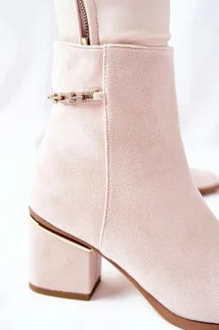 Damskie Zamszowe Botki Na Słupku Beżowe One Step