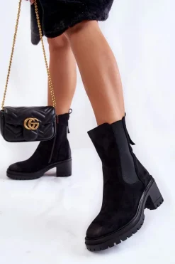 Damskie Zamszowe Botki Na Suwak Czarne Liris