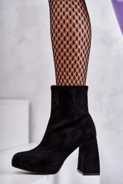 Damskie Zamszowe Botki Na Obcasie Czarne Ramira