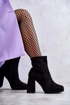 Damskie Zamszowe Botki Na Obcasie Czarne Ramira