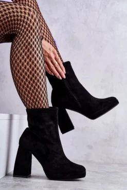 Damskie Zamszowe Botki Na Obcasie Czarne Ramira