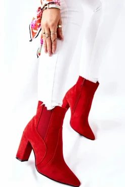 Damskie Zamszowe Botki Na Słupku Czerwone Kastren