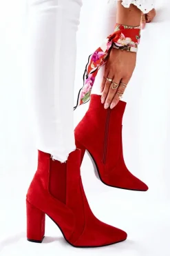 Damskie Zamszowe Botki Na Słupku Czerwone Kastren