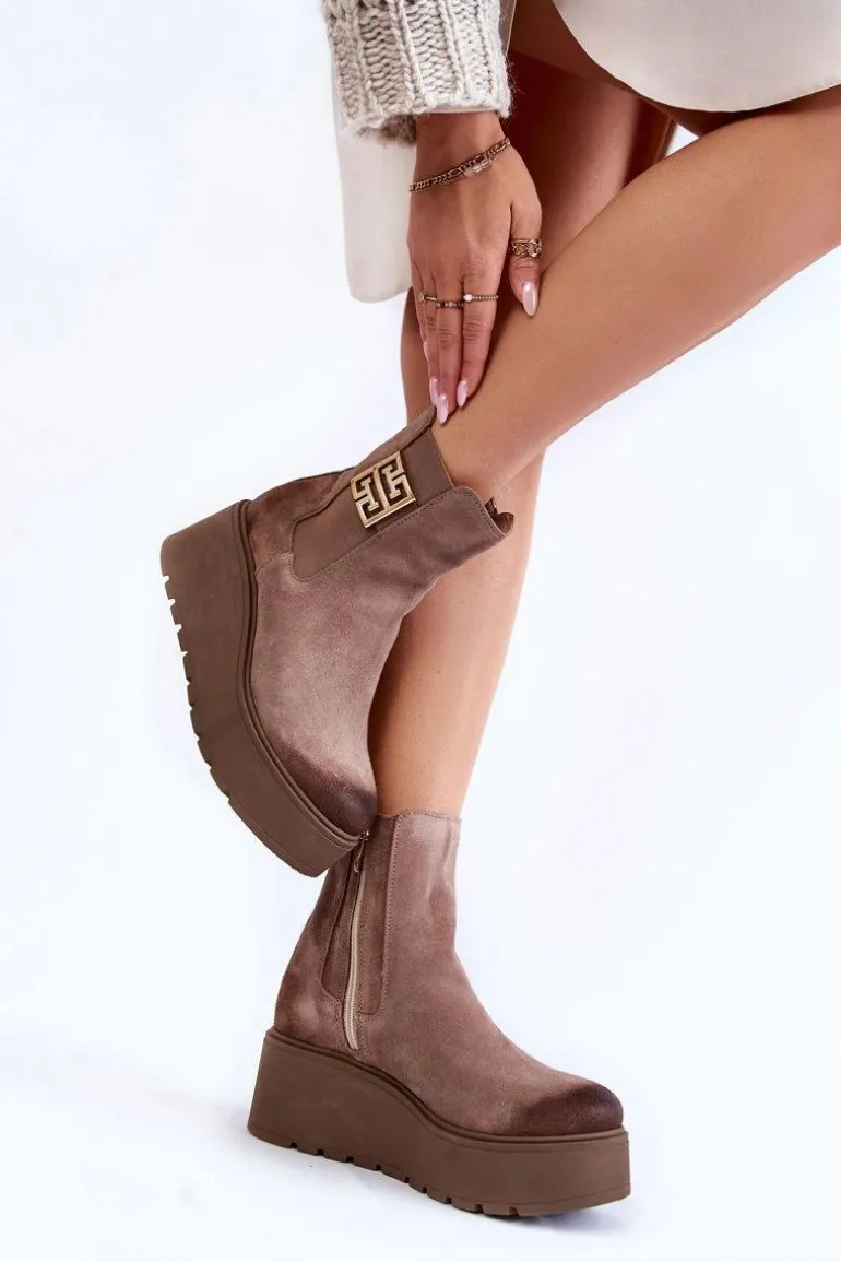 Damskie Zamszowe Botki Na Masywnej Platformie Jasnobrązowe Savira