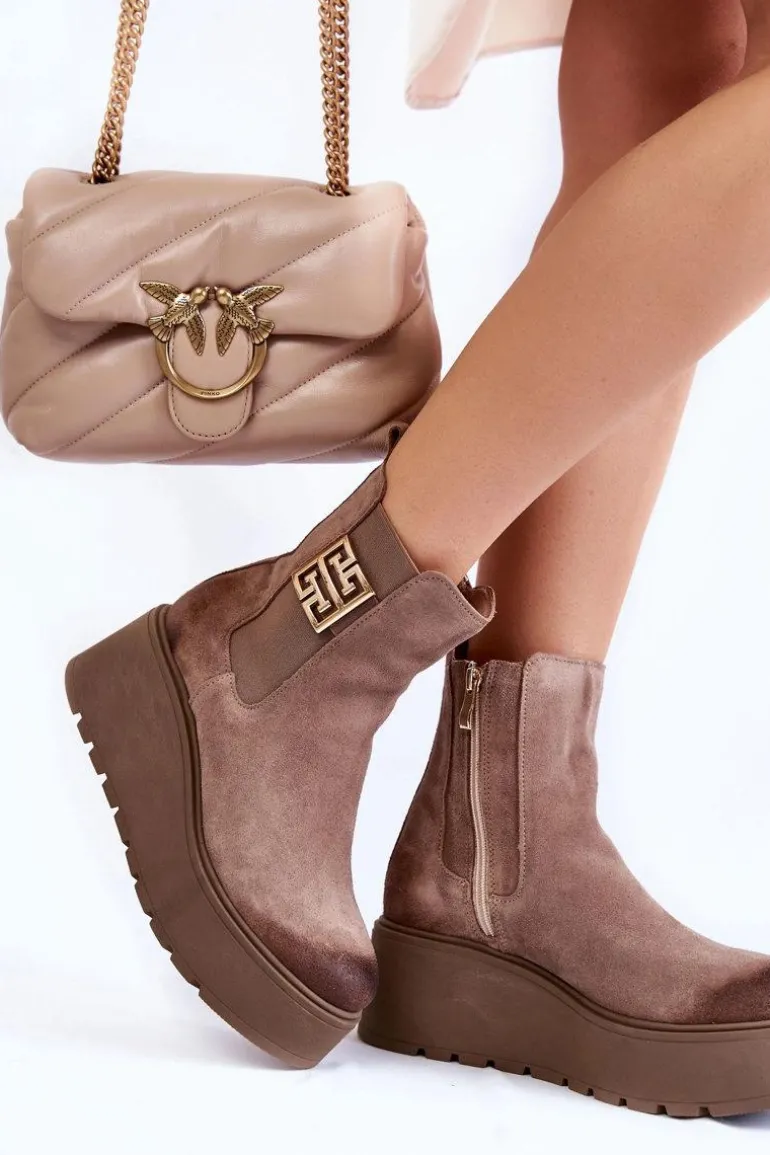 Damskie Zamszowe Botki Na Masywnej Platformie Jasnobrązowe Savira