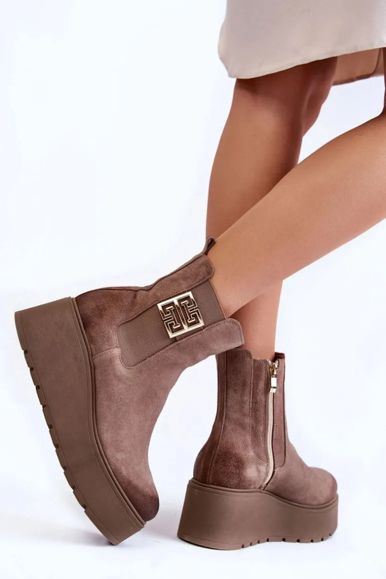 Damskie Zamszowe Botki Na Masywnej Platformie Jasnobrązowe Savira