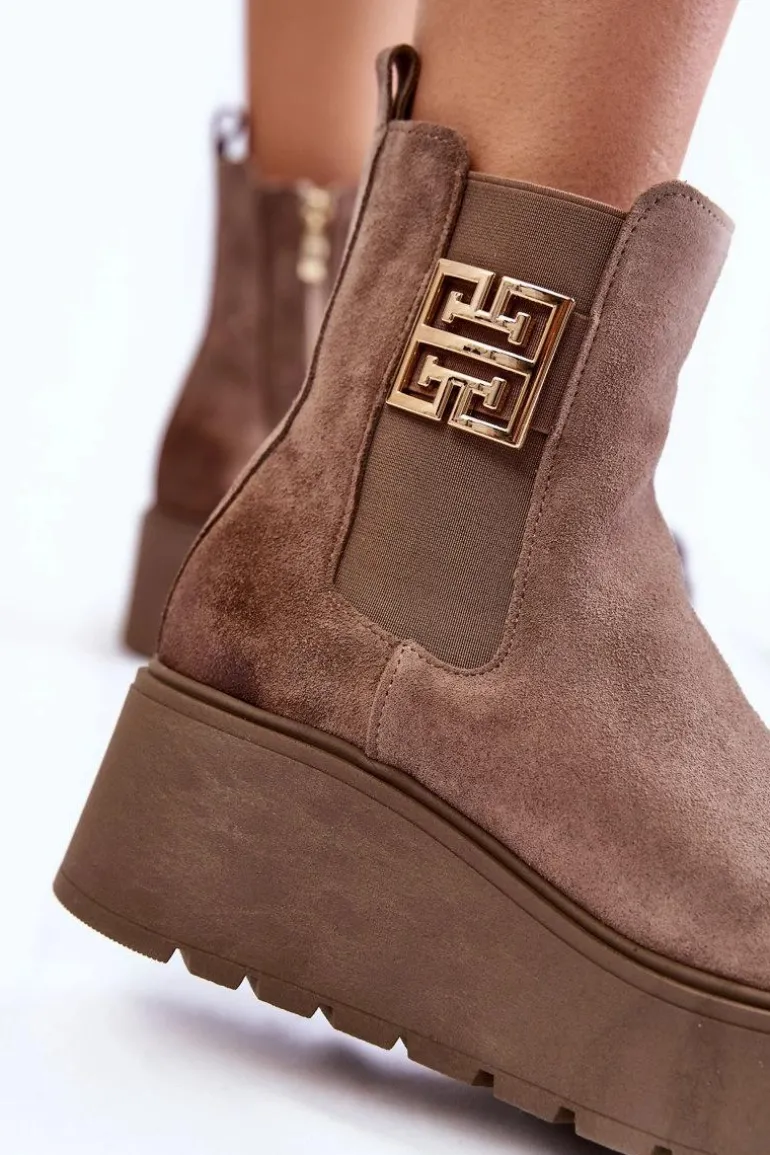 Damskie Zamszowe Botki Na Masywnej Platformie Jasnobrązowe Savira