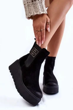 Damskie Zamszowe Botki Na Masywnej Platformie Czarne Lemar Savira