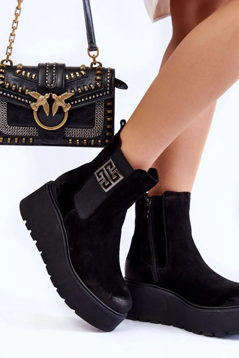 Damskie Zamszowe Botki Na Masywnej Platformie Czarne Lemar Savira