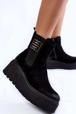 Damskie Zamszowe Botki Na Masywnej Platformie Czarne Lemar Savira
