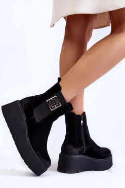 Damskie Zamszowe Botki Na Masywnej Platformie Czarne Lemar Savira