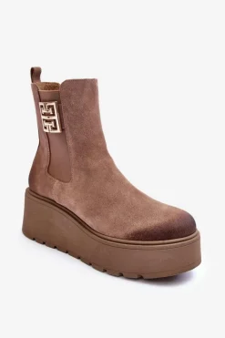 Damskie Zamszowe Botki Na Masywnej Platformie Ciemnobeżowe Lemar Savira