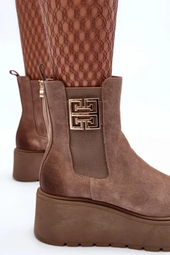 Damskie Zamszowe Botki Na Masywnej Platformie Ciemnobeżowe Lemar Savira