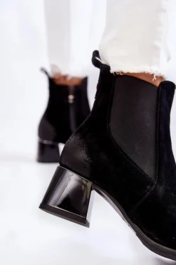 Damskie Zamszowe Botki Na Obcasie Czarne Lemar Berit