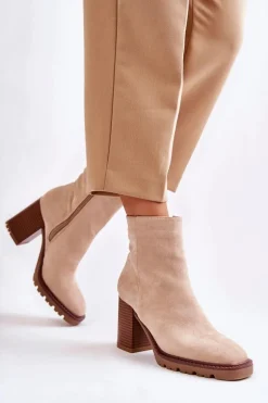 Damskie Zamszowe Botki Na Słupku Z Suwakiem Beżowe Odette