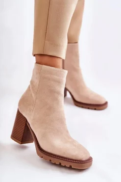 Damskie Zamszowe Botki Na Słupku Z Suwakiem Beżowe Odette