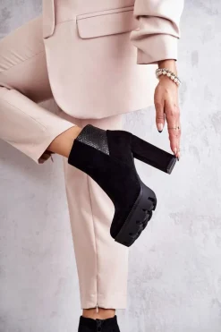 Damskie Zamszowe Botki Na Obcasie Czarne Maricruz