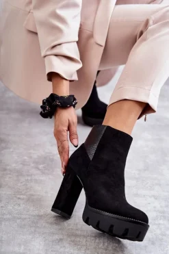 Damskie Zamszowe Botki Na Obcasie Czarne Maricruz