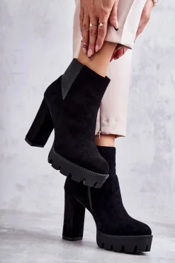 Damskie Zamszowe Botki Na Obcasie Czarne Maricruz