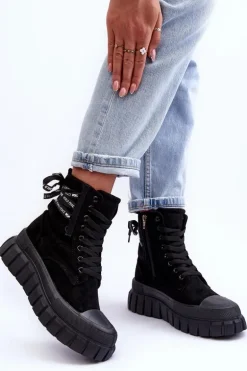 Damskie Zamszowe Botki Na Platformie Czarne Raftera