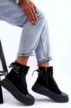 Damskie Zamszowe Botki Na Platformie Czarne Raftera