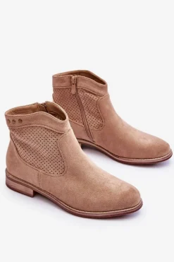 Damskie Zamszowe Botki Na Płaskim Obcasie Beżowe Liana