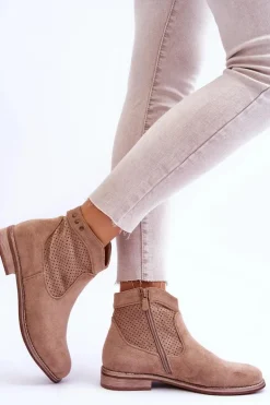 Damskie Zamszowe Botki Na Płaskim Obcasie Beżowe Liana