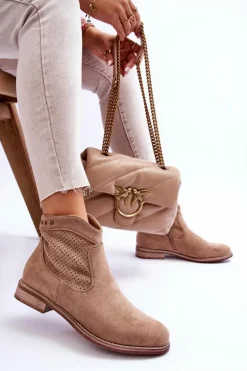 Damskie Zamszowe Botki Na Płaskim Obcasie Beżowe Liana