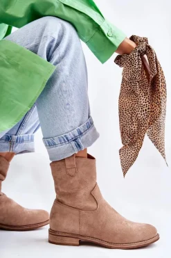 Damskie Zamszowe Botki Na Płaskim Obcasie Beżowe Fiorenz