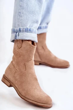 Damskie Zamszowe Botki Na Płaskim Obcasie Beżowe Fiorenz