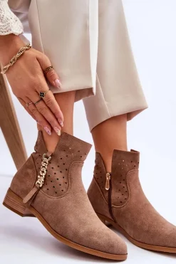 Damskie Zamszowe Botki Na Suwak Beżowe Belliano
