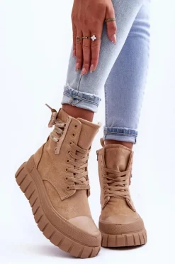 Damskie Zamszowe Botki Na Platformie Beżowe Raftera