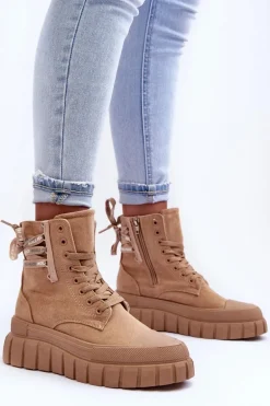 Damskie Zamszowe Botki Na Platformie Beżowe Raftera