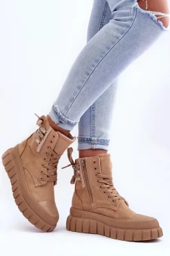Damskie Zamszowe Botki Na Platformie Beżowe Raftera