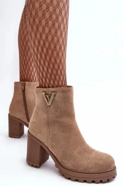 Damskie Zamszowe Botki Na Słupku Z Ozdobą Beżowe Strong