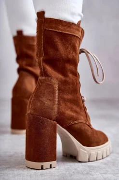 Damskie Zamszowe Botki Na Platformie Brązowe Edna