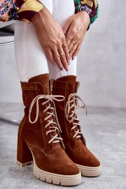 Damskie Zamszowe Botki Na Platformie Brązowe Edna