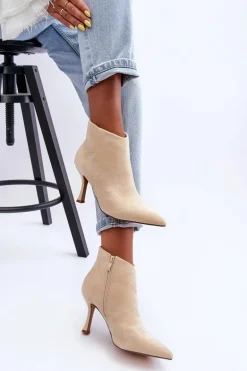 Damskie Zamszowe Botki Na Szpilce Jasnobeżowe Merisa