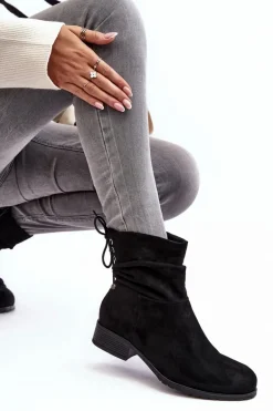 Damskie Zamszowe Botki Na Płaskim Obcasie Czarne Keresa