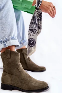 Damskie Zamszowe Botki Na Płaskim Obcasie Zielone Fiorenz